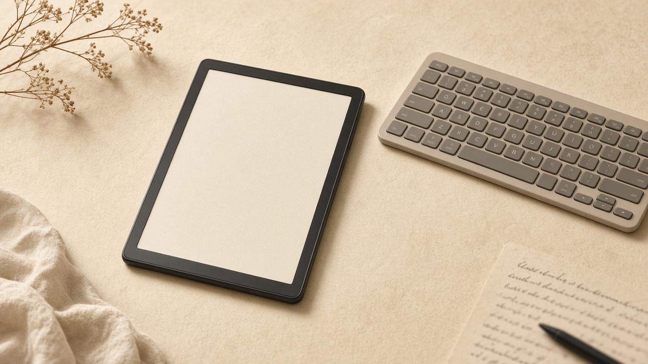 LilyWrite E Ink device and keyboard flat lay on a cream desk