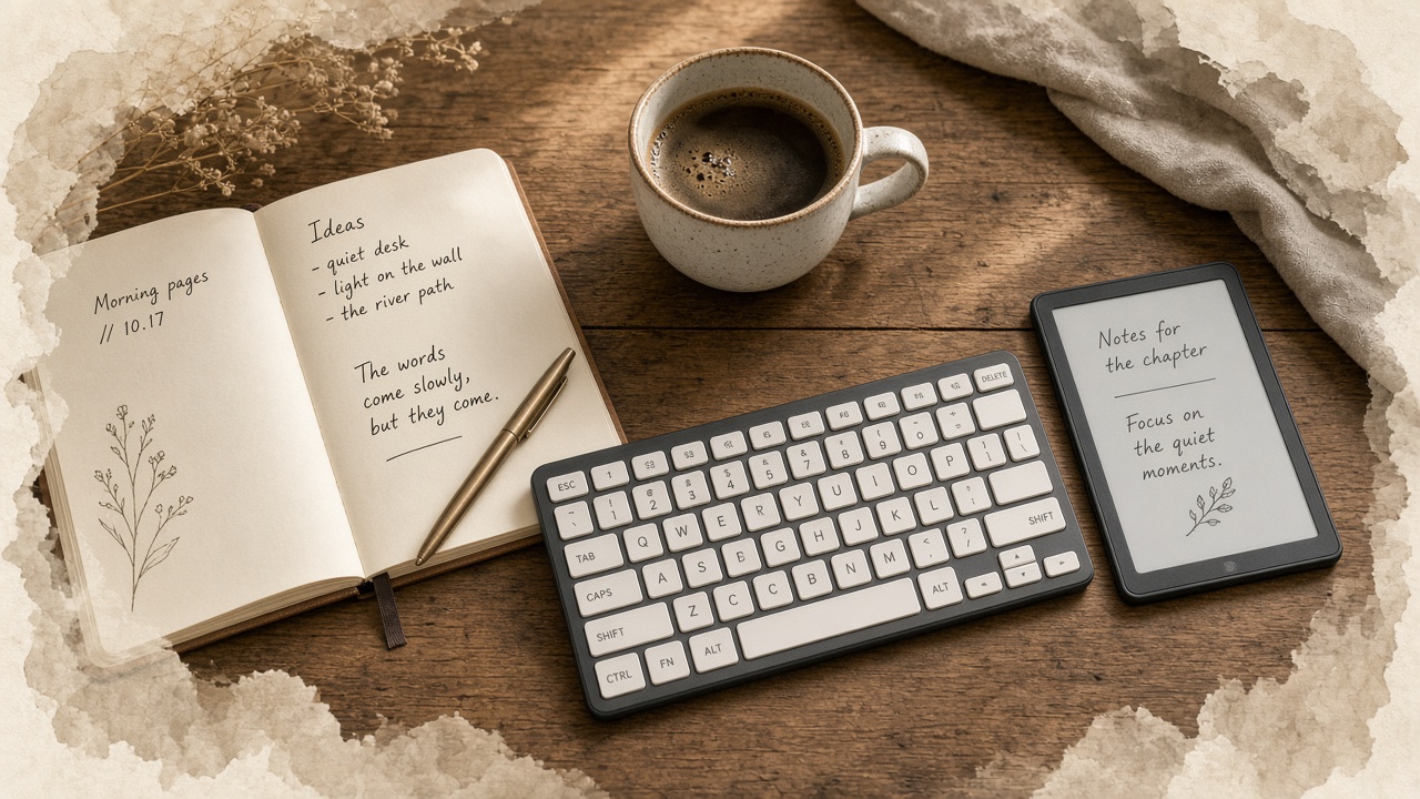 Lifestyle desk scene with LilyWrite ready to draft